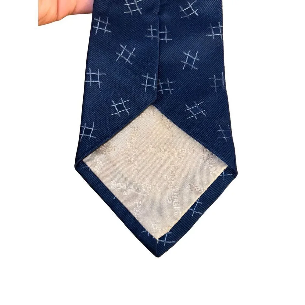Paul Stuart Navy Tick Tack Toe Print 100% Silk Handmade Neck Tie